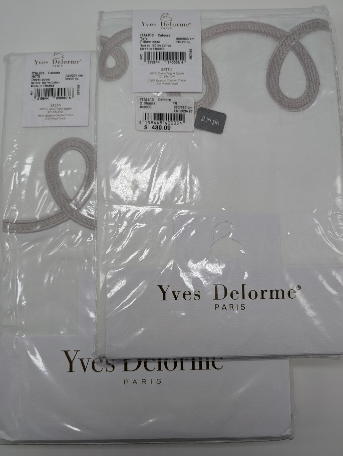 Yves Delorme Italics White Queen Duvet Euro Set Embroidery Egyptian Cotton NEW0