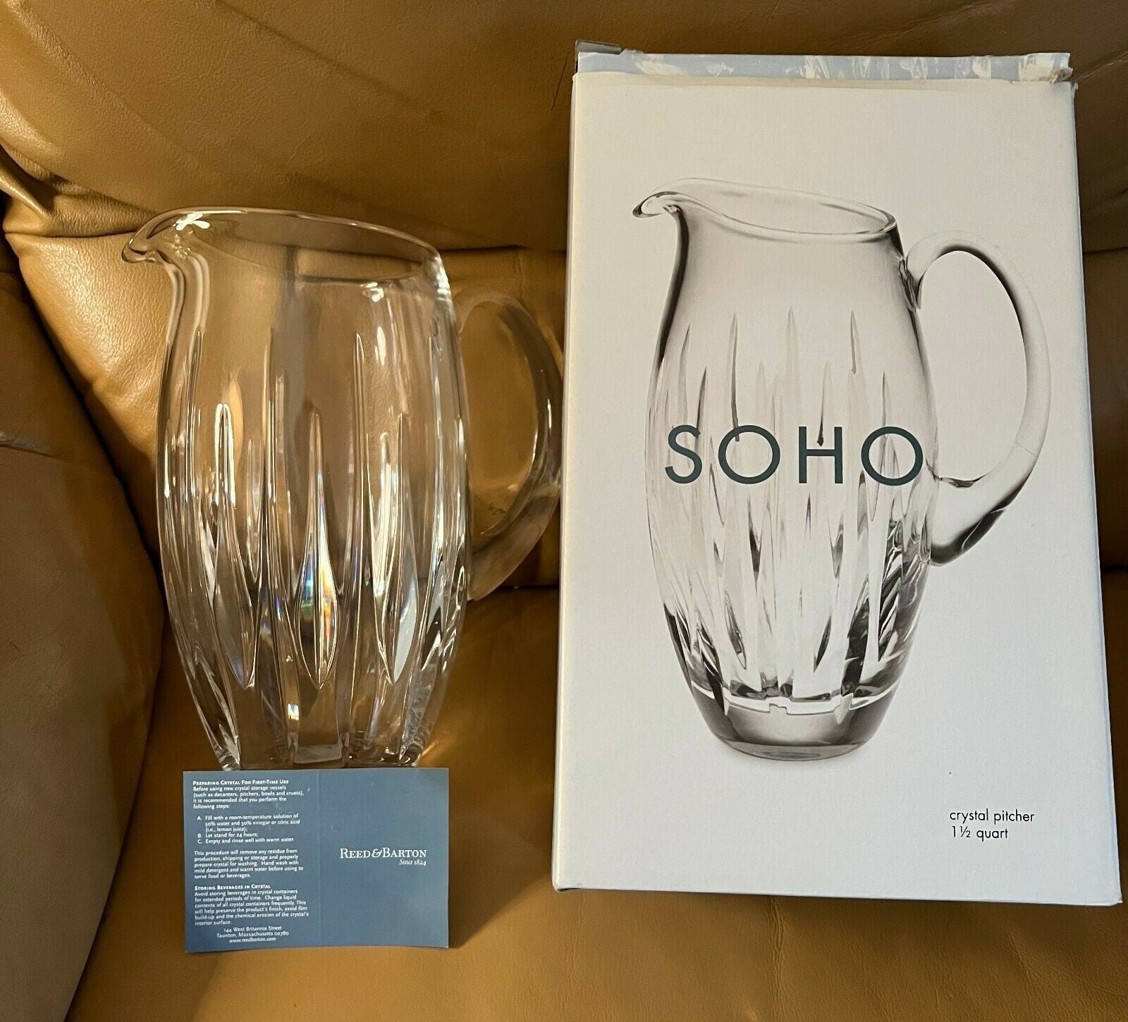 Reed & Barton Crystal Soho Pitcher 9.5" Clear Tapered Vertical Cut 1.5Qt. NEW1