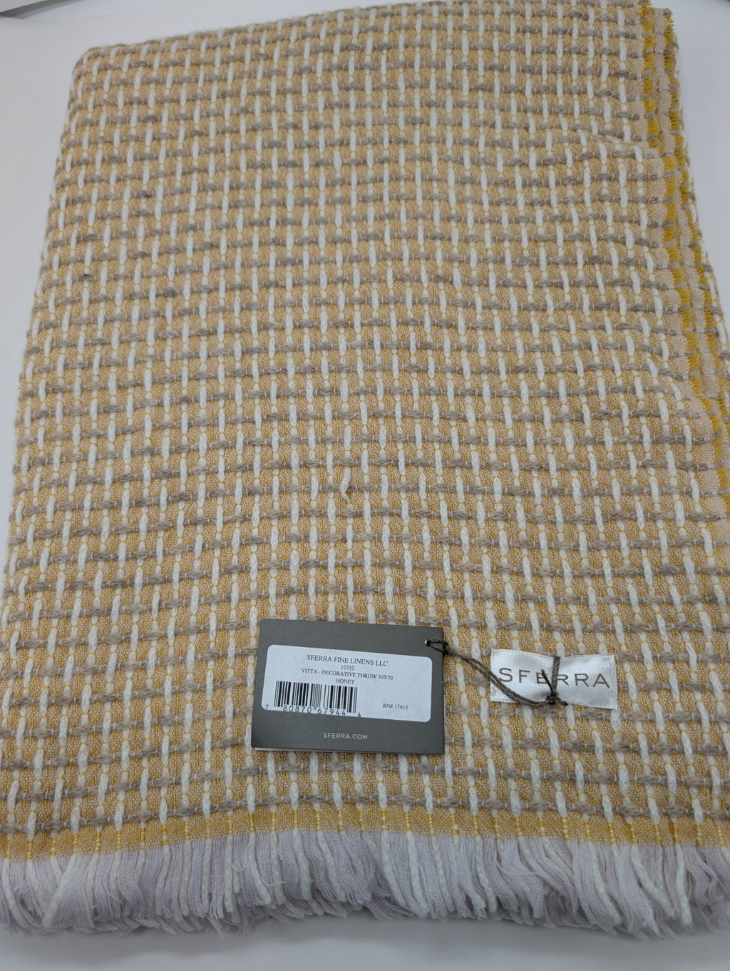 Sferra Vitta Honey Throw Blanket Cashmere Blend Fringed Basket Weave Italy NEW1