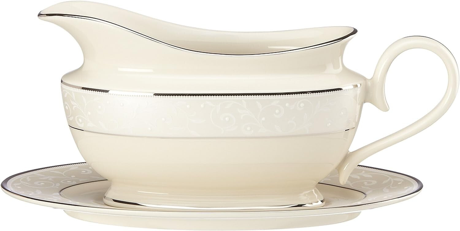 Lenox Pearl Innocence Gravy Boat & Stand Sauce 2PC Platinum Enamel USA NEW BOXED1