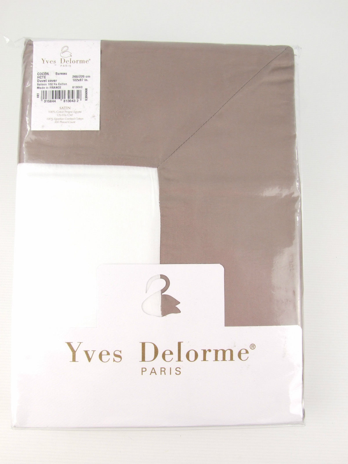 Yves Delorme Cocon  White Queen Flat Sheet Taupe Border Cotton Sateen Sureau NEW8