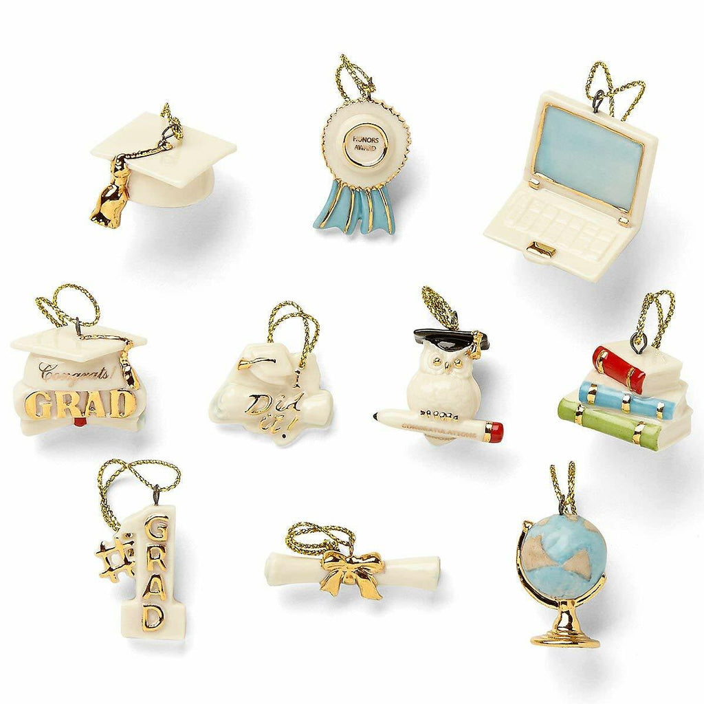 Lenox Graduation Miniature Tree Ornaments Set Of 10 Diploma Cap Owl Award NEW0