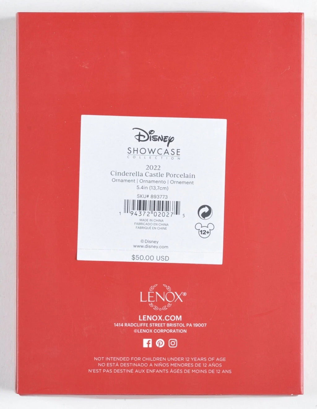 Lenox Disney 2022 Princess Cinderella's Castle Ornament Porcelain Christmas NEW8