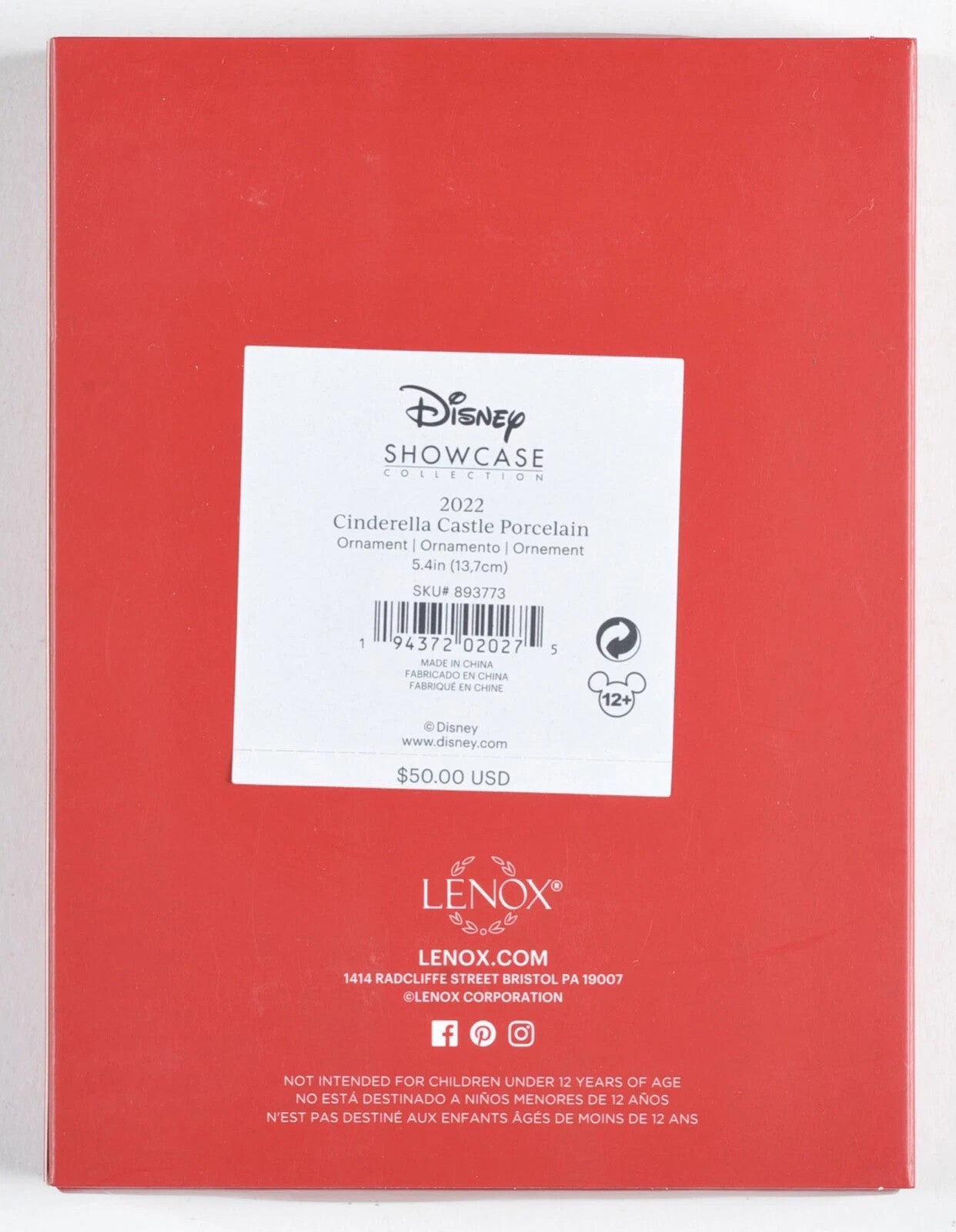 Lenox Disney 2022 Princess Cinderella's Castle Ornament Porcelain Christmas NEW8