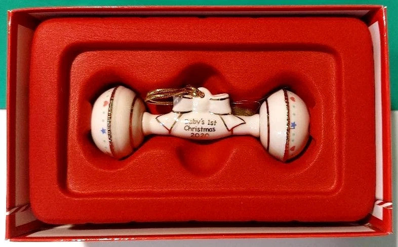 Lenox 2020 Baby's 1st Christmas Rattle Ornament First Ivory Gold Ribbon Gift NEW6