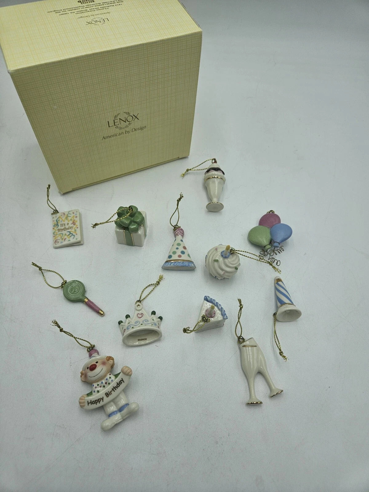 Lenox Happy Birthday Mini Tree Ornaments 12 PC Hat Crown Cake Clown Balloons NEW5