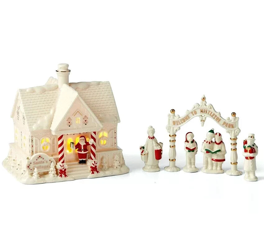 Lenox Mistletoe Park Santa's Lighted Cottage and Caroler Figurines Christmas NEW0