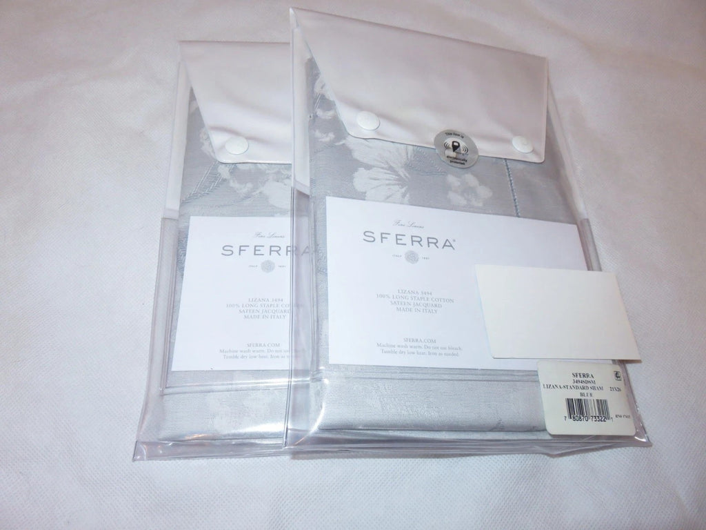 Sferra Lizana Blue Standard Shams Pair Floral Cotton Sateen Jacquard Italy NEW12