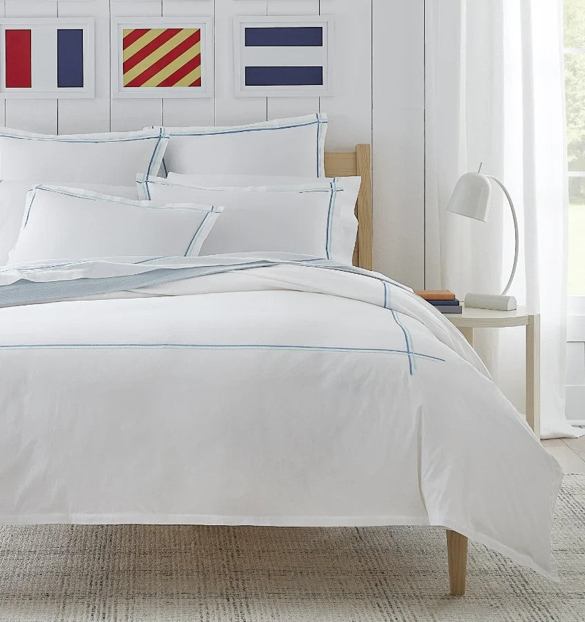 Sferra Tratto White Standard Sham Blue Satin Stitch Lines Embroidery  Italy NEW6