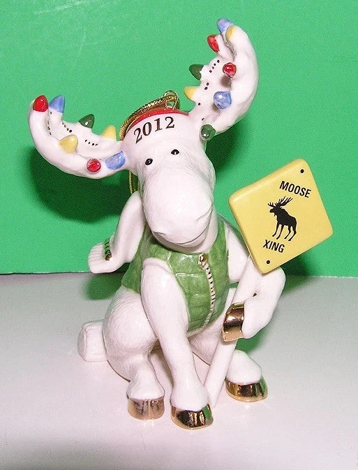 Lenox 2012 Merry Moose Figurine Ornament Annual  Marcel School Crossing Sign NEW10
