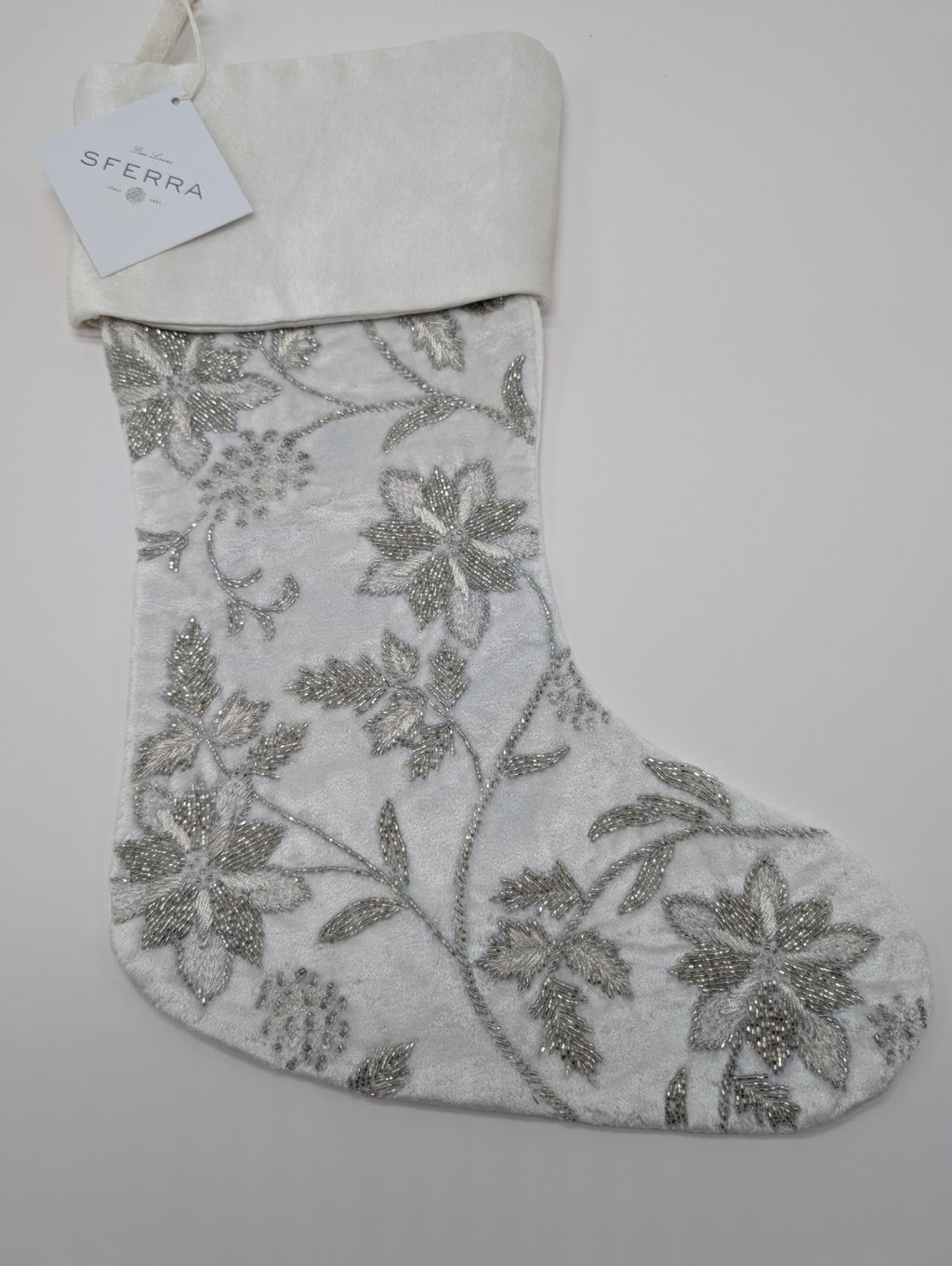 Sferra Allegria Velvet Christmas Stocking Poinsettia Ivory Silver Embroidery NEW0