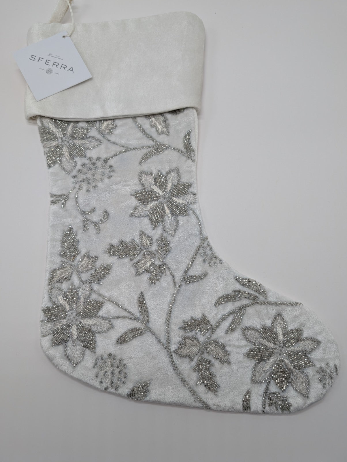 Sferra Allegria Velvet Christmas Stocking Poinsettia Ivory Silver Embroidery NEW0