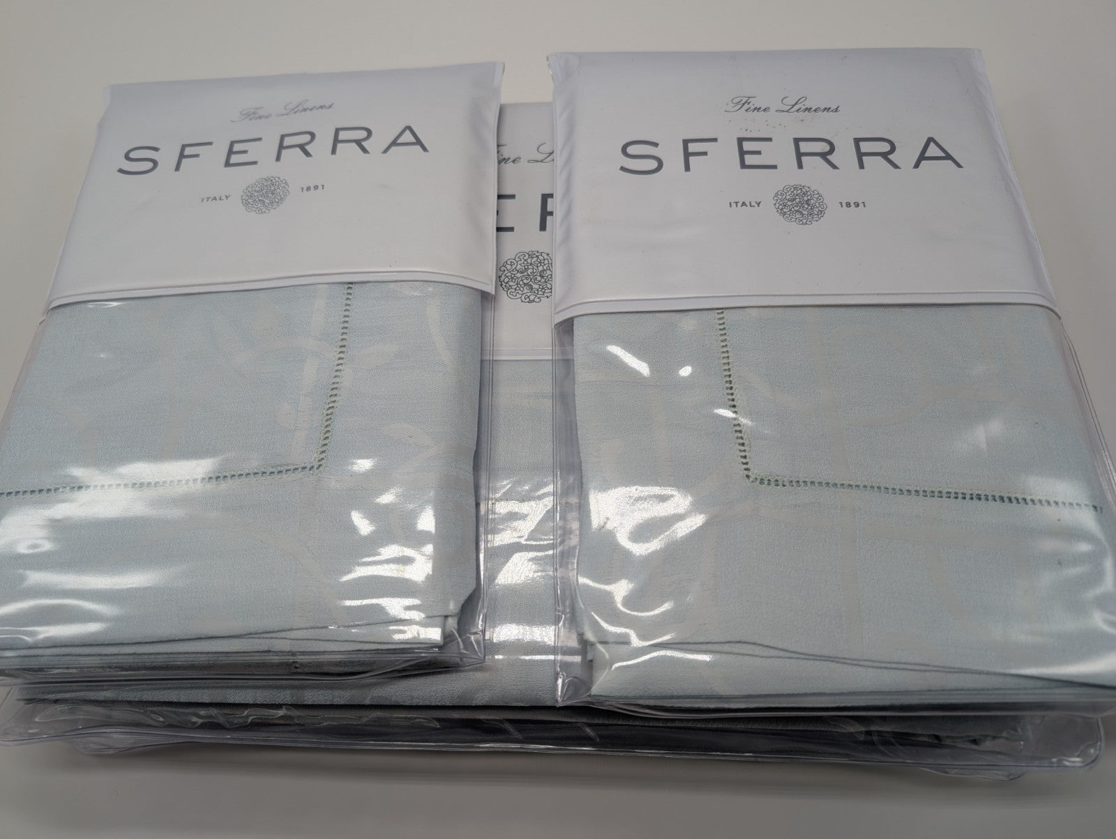 Sferra Graticcio Aquamarine King Duvet Set 3PC Cotton Sateen Jacquard Italy NEW0