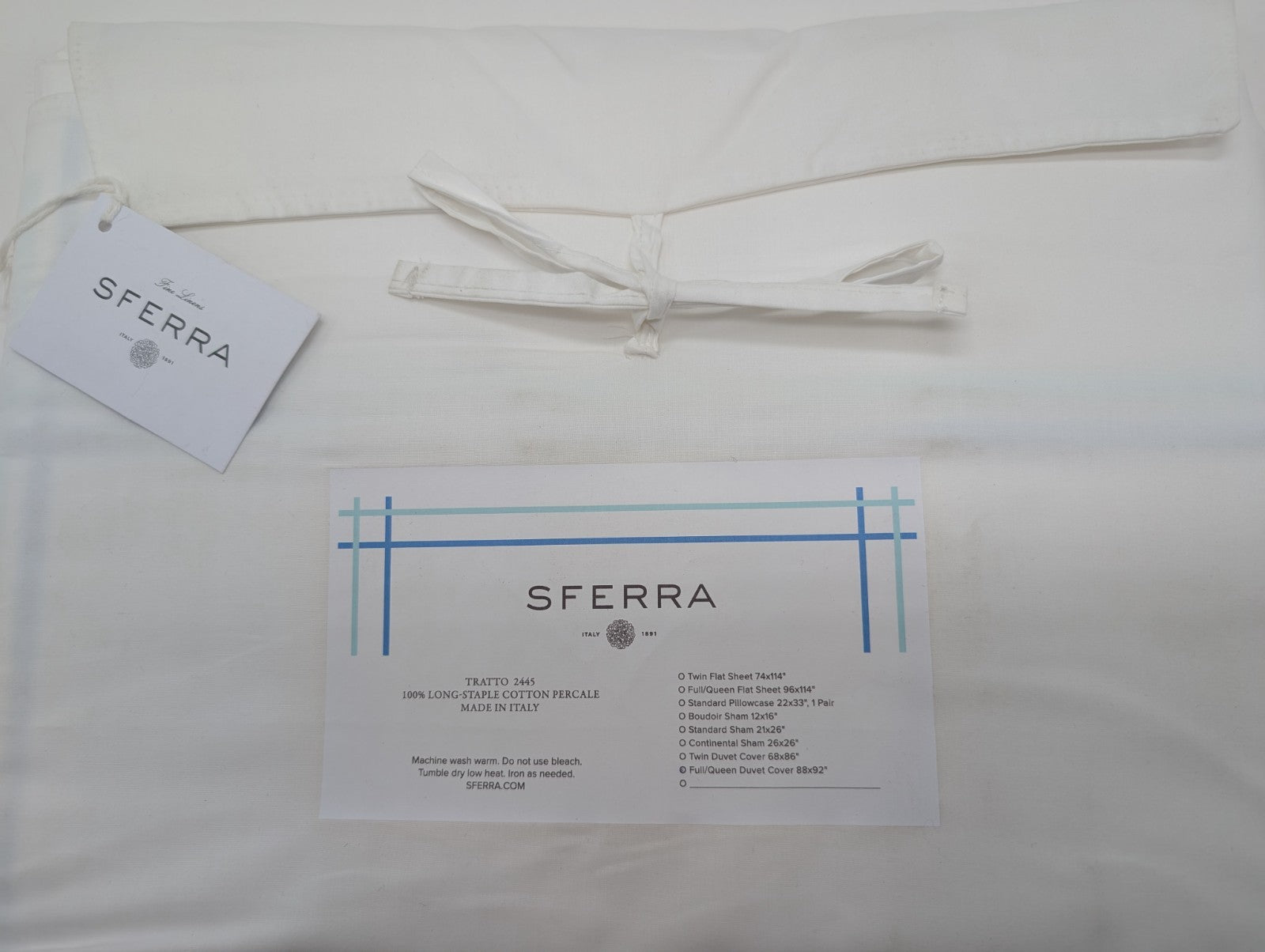 Sferra Tratto White Queen Duvet Blue Satin Stitch Line Embroidery Italy NEW13