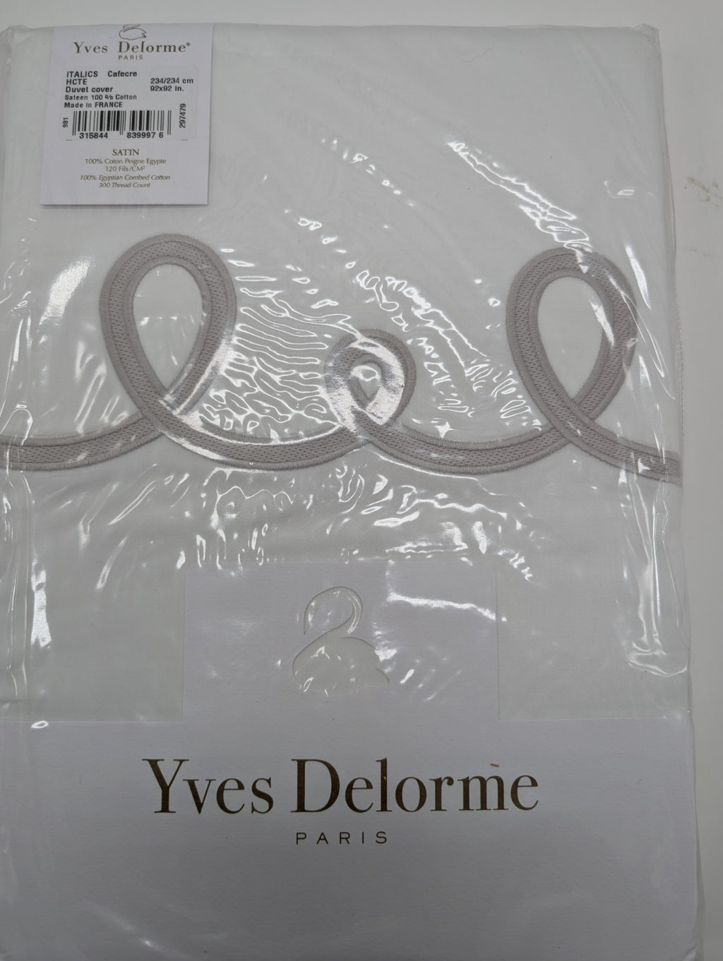 Yves Delorme Italics White Queen Duvet Tan Embroidery Egyptian Cotton Sateen NEW0
