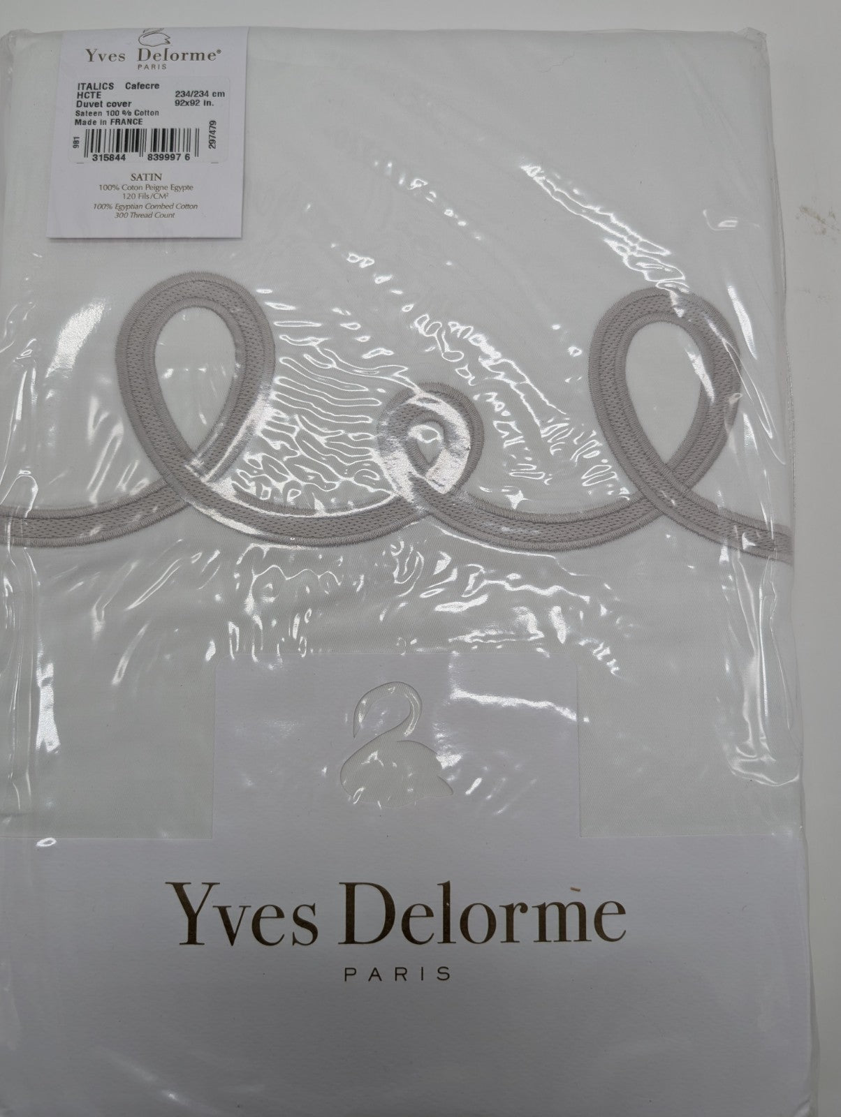 Yves Delorme Italics White Queen Duvet Tan Embroidery Egyptian Cotton Sateen NEW0