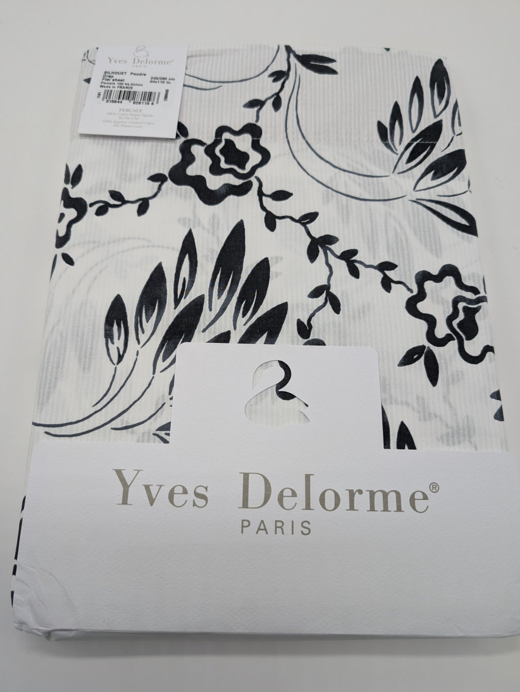 Yves Delorme Silhouette Queen Flat Sheet Black White Print Pink Cuff Percale NEW17
