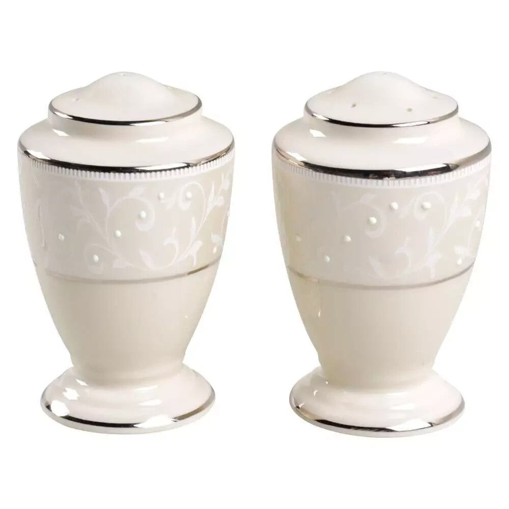 Lenox Pearl Innocence Platinum Salt & Pepper Shakers Set Enamel Dots NEW IN BOX0