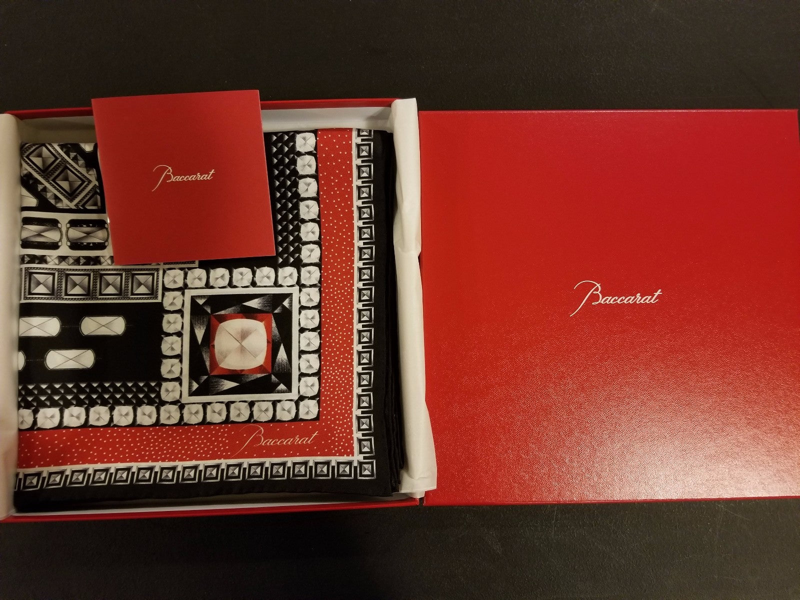 Baccarat 100% Silk Scarf Shaw Louxor Red Black Graphic 55" # 2809047 NEW In Box3