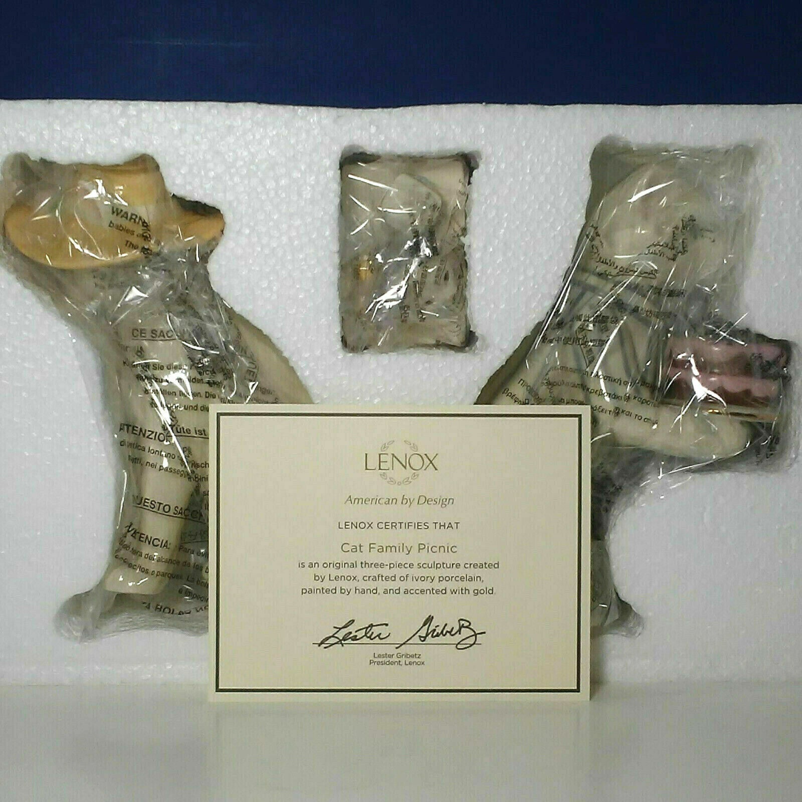Lenox Cat Family Picnic Figurines 3 PC Victorian Kitten in Basket Hat Cake NEW2