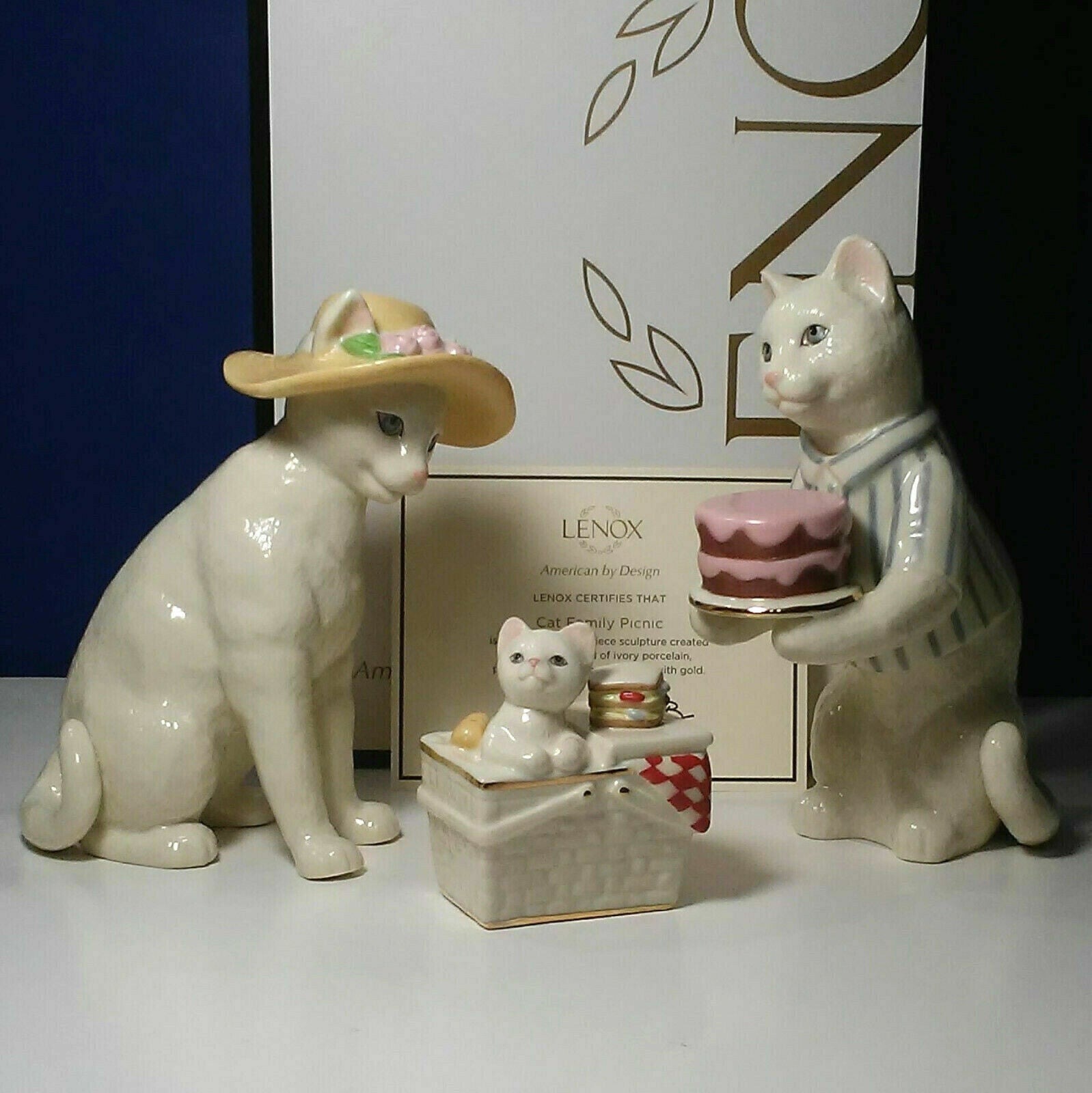 Lenox Cat Family Picnic Figurines 3 PC Victorian Kitten in Basket Hat Cake NEW3