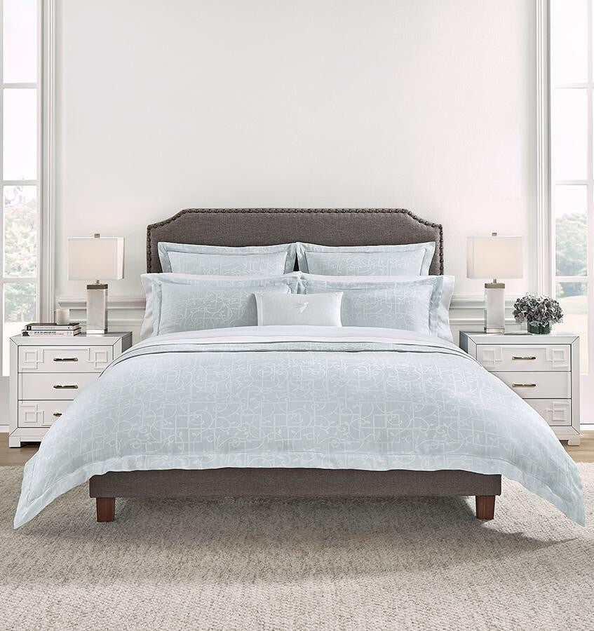 Sferra Graticcio Aquamarine King Duvet Set 3PC Cotton Sateen Jacquard Italy NEW2