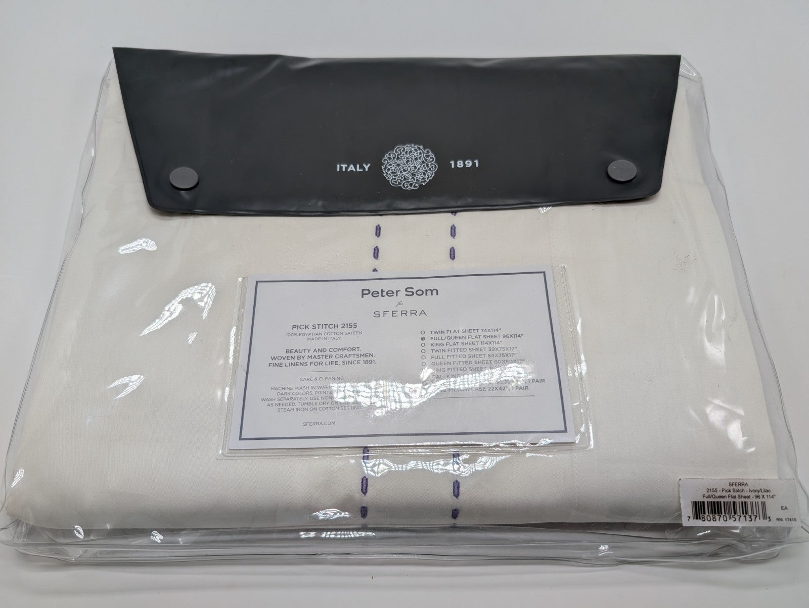 Sferra P Som Ivory Queen Flat Sheet Lilic Pick Stitch Egyptian Cotton Italy NEW1