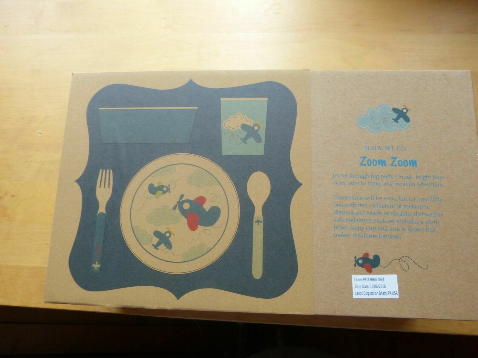 Reed & Barton Child Dinnerware Set Melamine 5 PC Plane Picnic Box Zoom Zoom NEW3