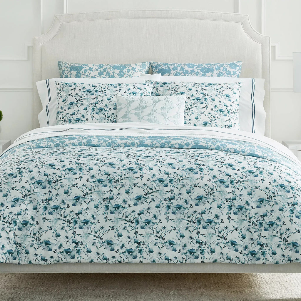 Sferra Duchesse Blue Queen Duvet Set 3PC Floral Cotton Print Reverses Italy NEW2