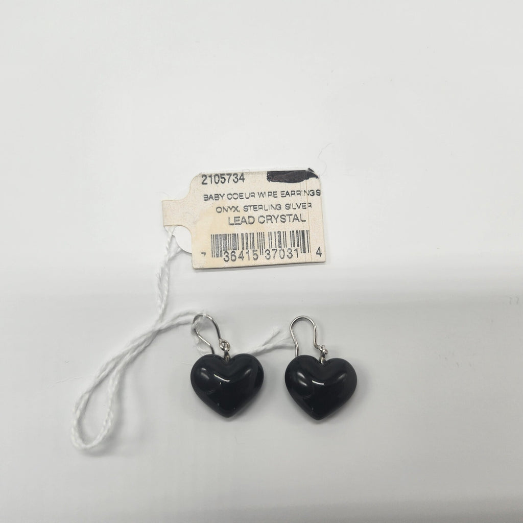 Baccarat Crystal Onyx Heart Earrings Coeur Sterling Silver Wire Drop 1.25" NEW4
