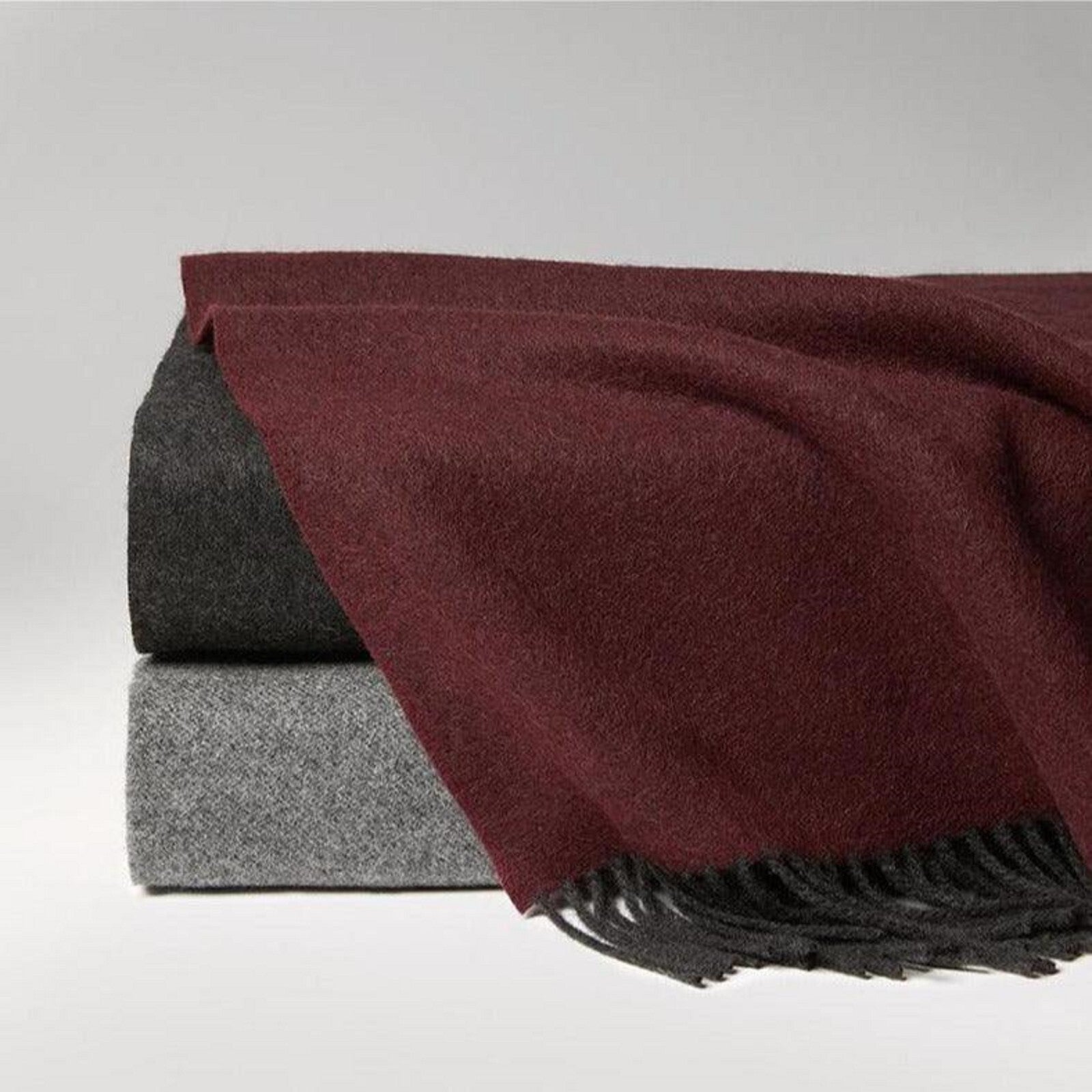Sferra Jeno Throw Blanket Burgundy Grey Variated Fringe Angora & Merino Soft NEW5
