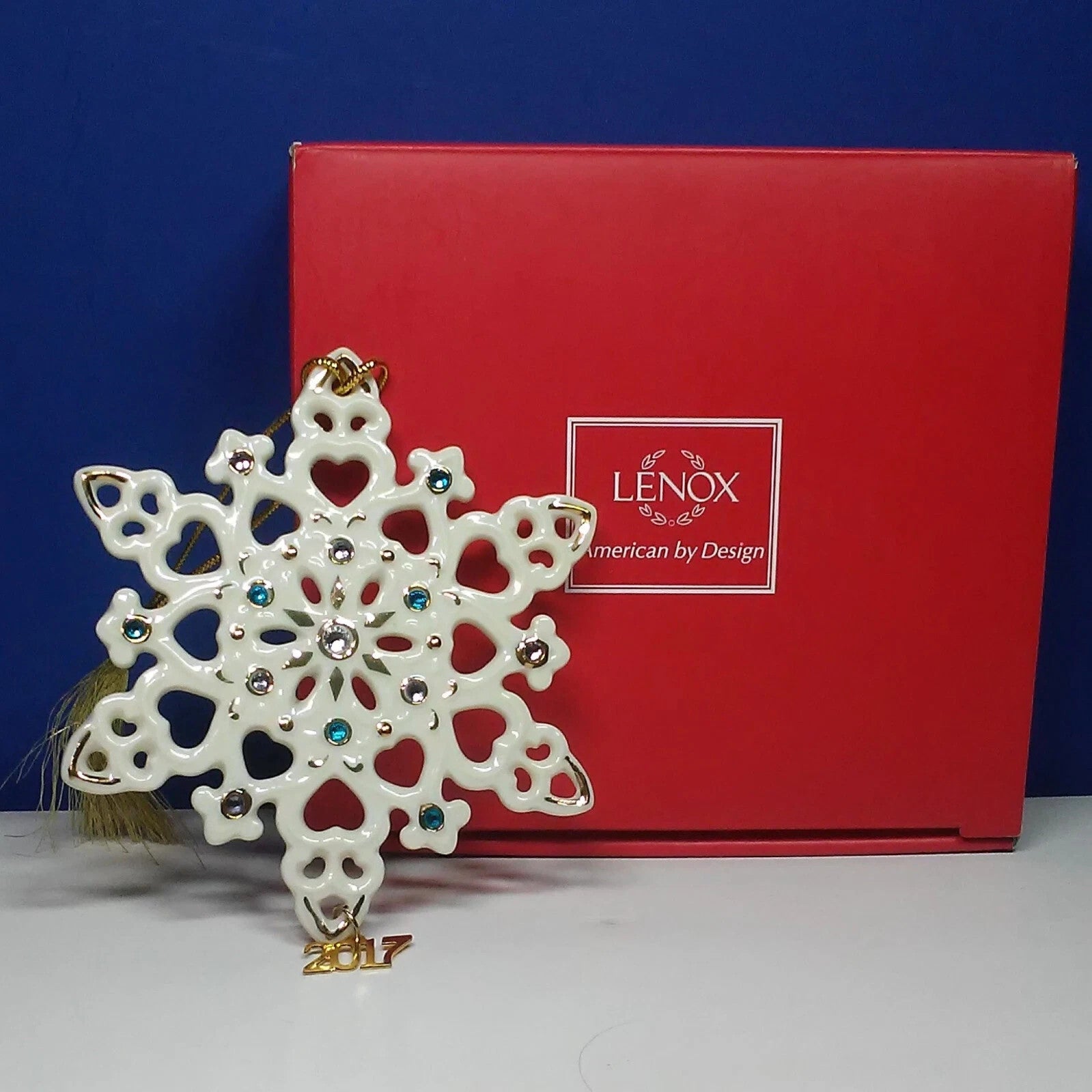 Lenox 2017 Gemmed Snowflake Ornament Annual Blue Clear Crystals Christmas NEW3