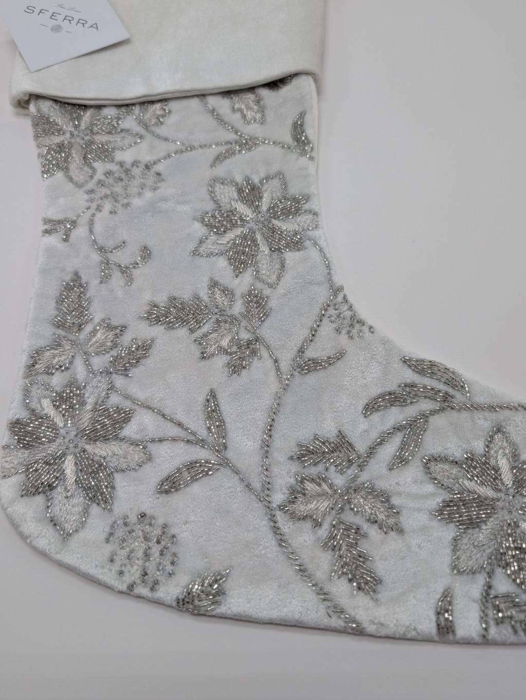 Sferra Allegria Velvet Christmas Stocking Poinsettia Ivory Silver Embroidery NEW9