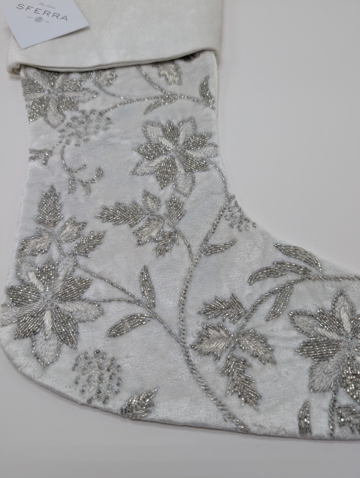 Sferra Allegria Velvet Christmas Stocking Poinsettia Ivory Silver Embroidery NEW9
