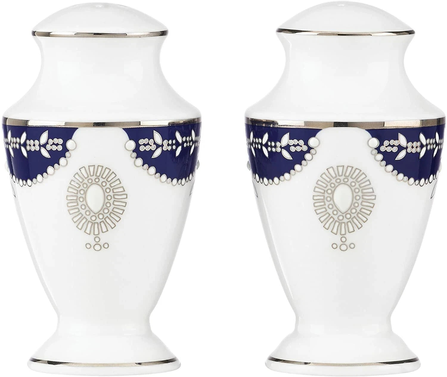 Lenox Empire Pearl Indigo Salt & Pepper Shaker Set Marchesa Platinum Dot USA NEW0
