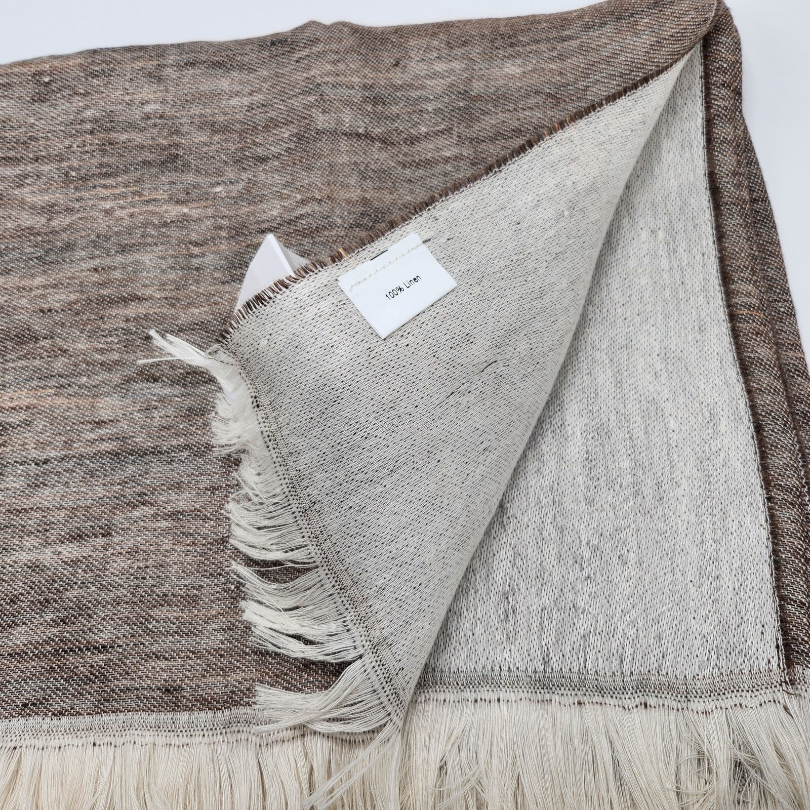 Sferra Taupe Linen Throw Blanket Fringed Woven Linear Design Oversized Italy NEW2