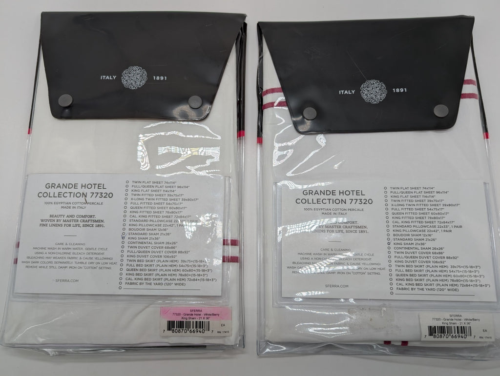 Sferra Grande Hotel King Shams 2 Egyptian Percale White/Berry Double Stitch New12