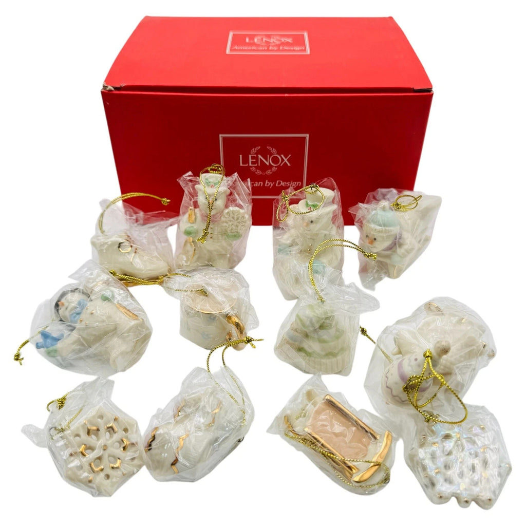 Lenox Snow Pals Snowman Miniature Tree Ornaments Set 12 PC Winter Skis Sled NEW1