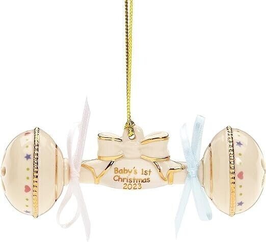 Lenox 2023 Baby's First Christmas Rattle Ornament 1st Ivory Gold Ribbon Gift NEW0