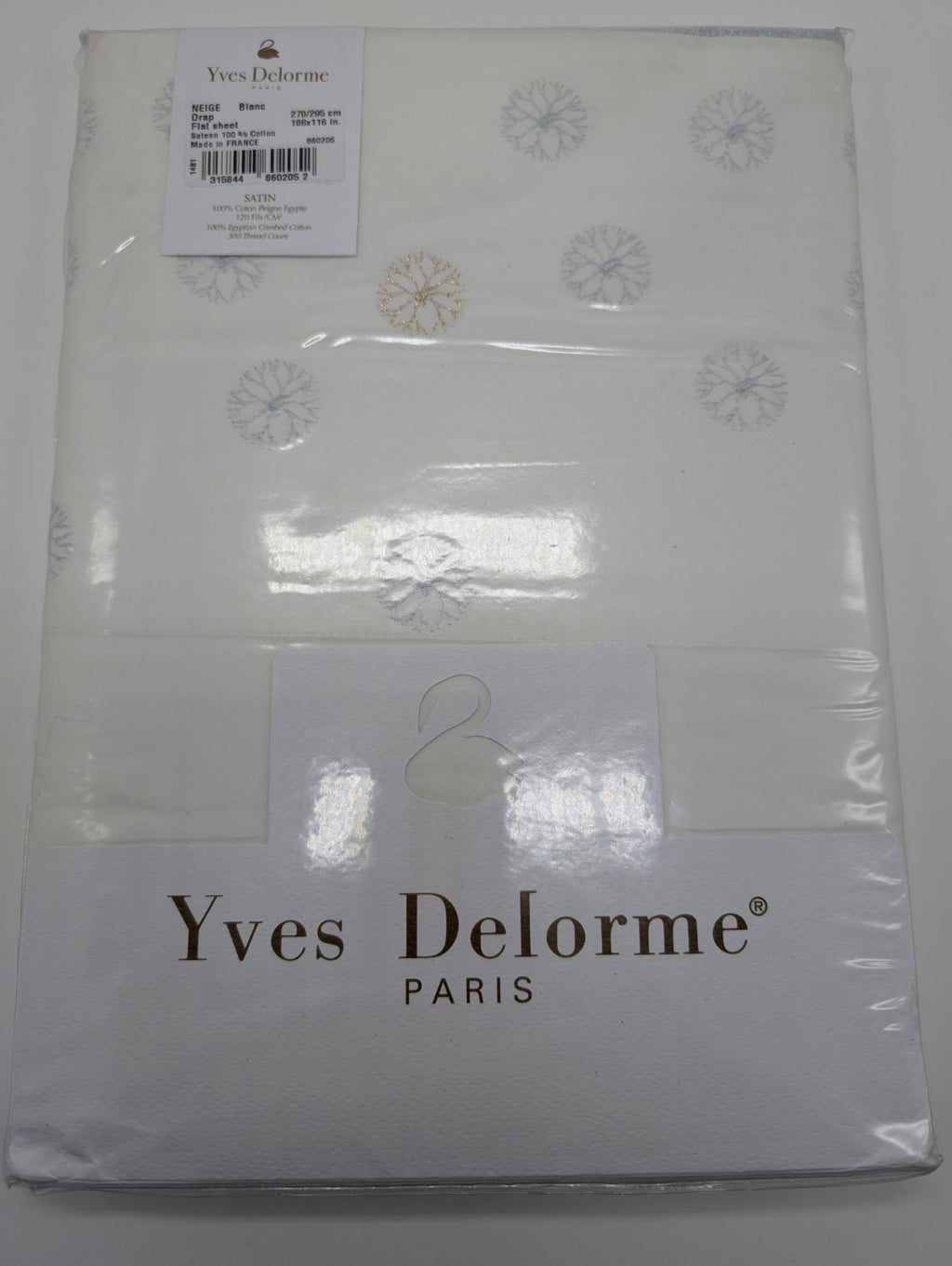 Yves Delorme Neige King Flat Sheet Embroidered Snowflakes Egyptian Cotton LE NEW8