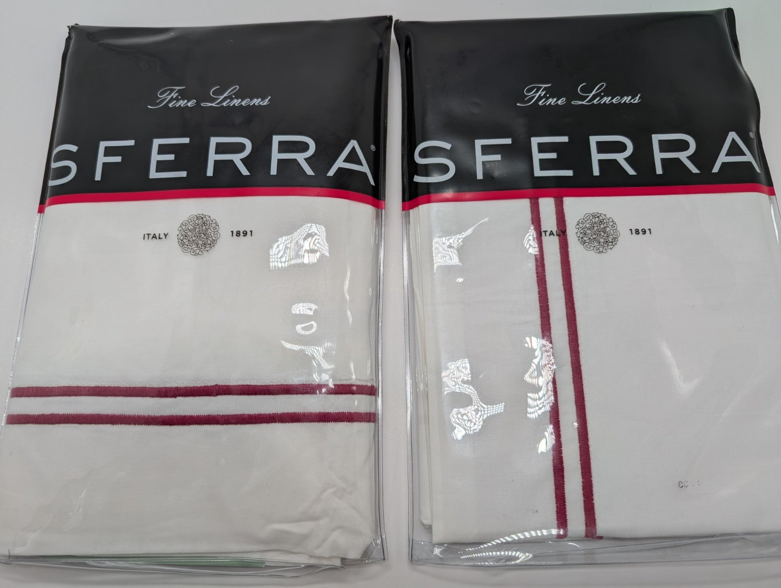Sferra Grande Hotel King Shams 2 Egyptian Percale White/Berry Double Stitch New0