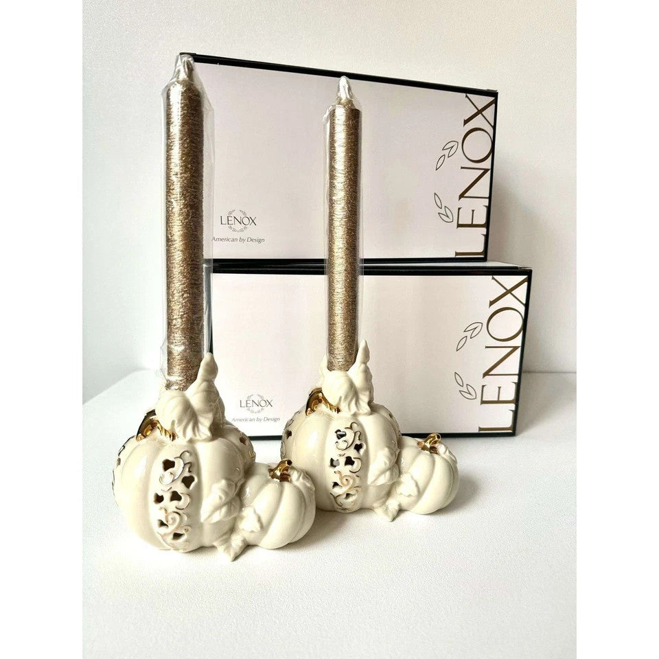 Lenox Pierced Pumpkin Candlestick Holders Pair Fall Halloween Thanksgiving NEW9