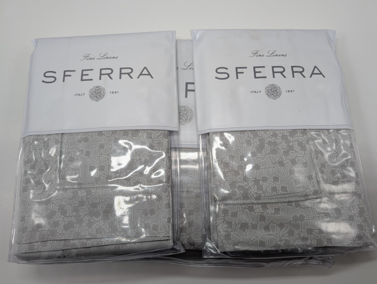 Sferra Catella Queen Grey Duvet Set 3PC Squares Cotton Sateen Jacquard Italy NEW0