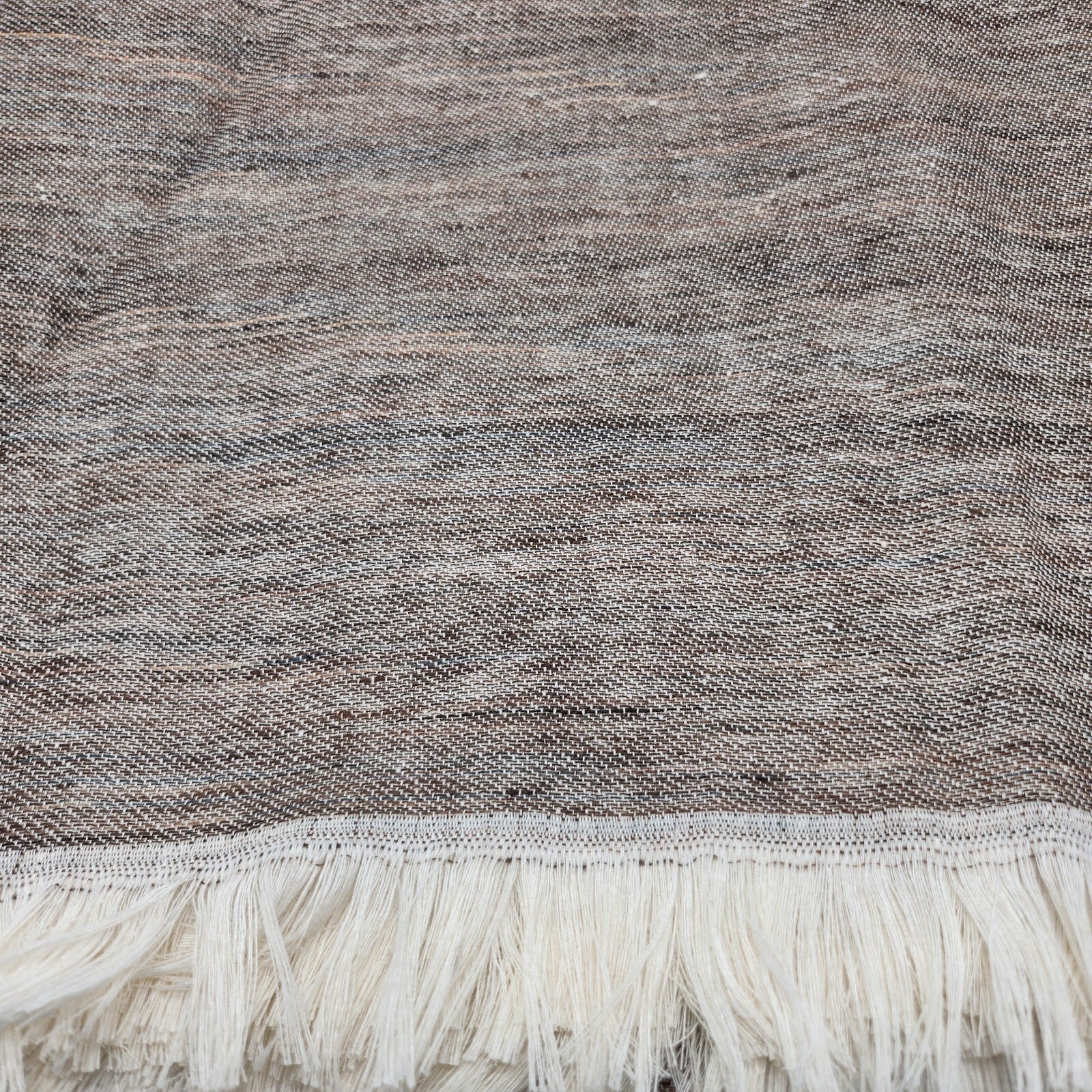 Sferra Taupe Linen Throw Blanket Fringed Woven Linear Design Oversized Italy NEW1