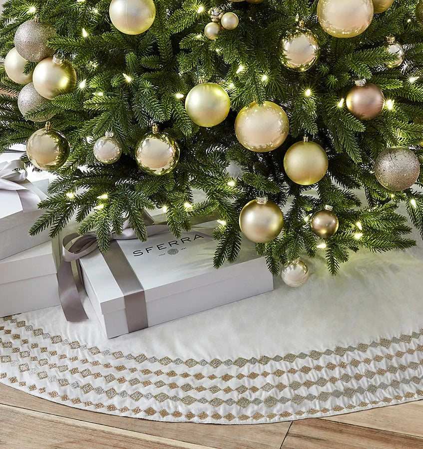 Sferra Lucido Ivory Velvet Christmas Tree Skirt Gold Diamond Embroidery 60" NEW0
