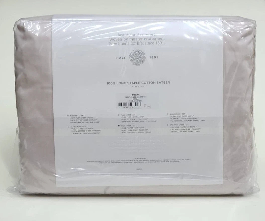 Sferra Corda Pink King Sheet Set 4PC Hematite 100% Cotton Sateen Silky Italy NEW4