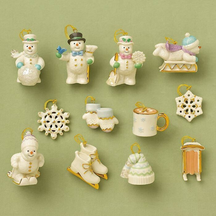 Lenox Snow Pals Snowman Miniature Tree Ornaments Set 12 PC Winter Skis Sled NEW2