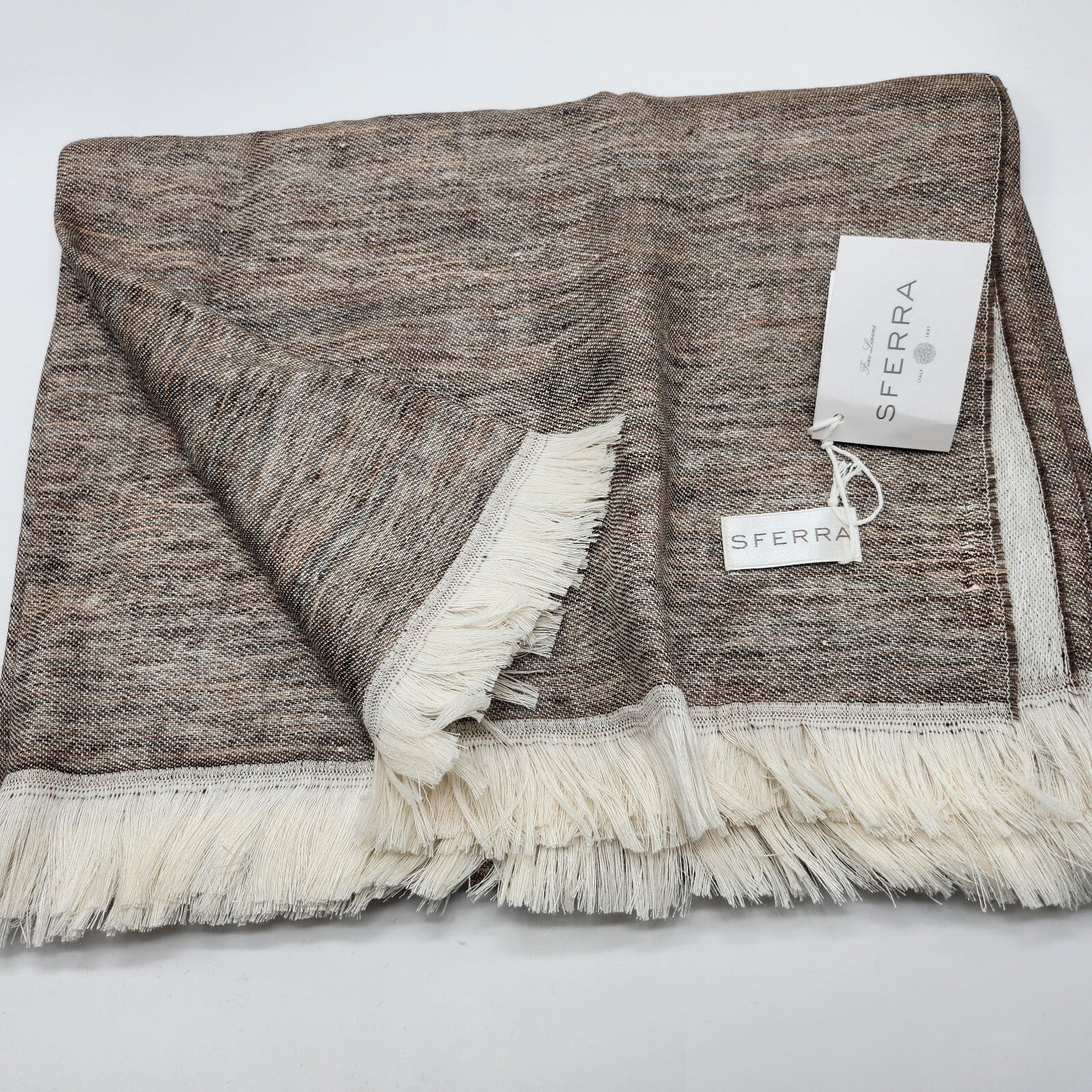 Sferra Taupe Linen Throw Blanket Fringed Woven Linear Design Oversized Italy NEW5