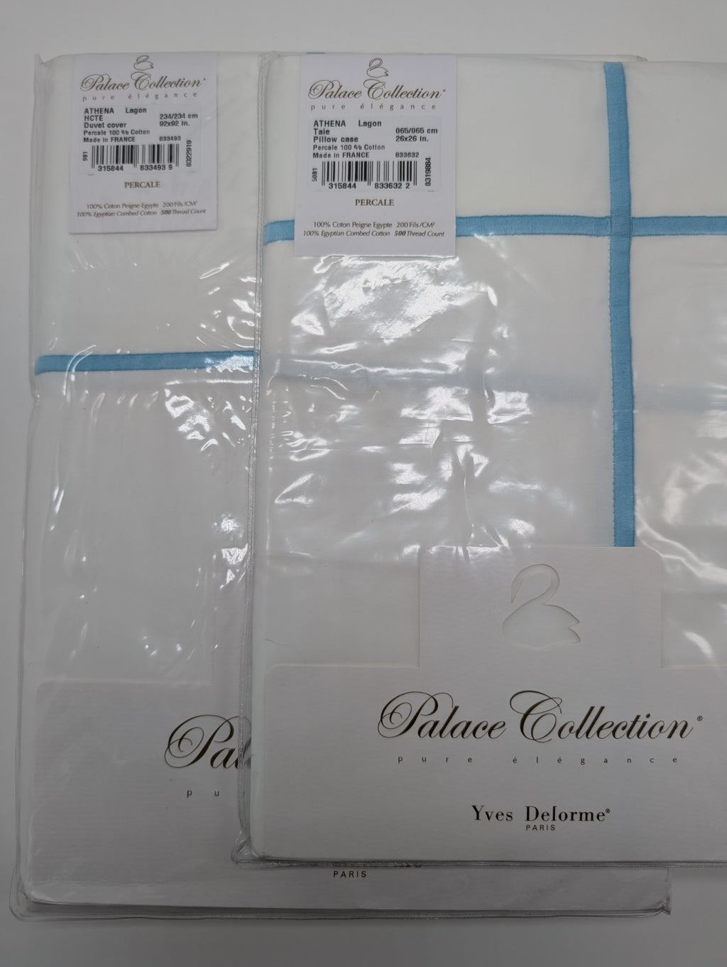 Yves Delorme Athena Queen Duvet Euro Set 3PC Aqua Stripes Egyptian Percale NEW0