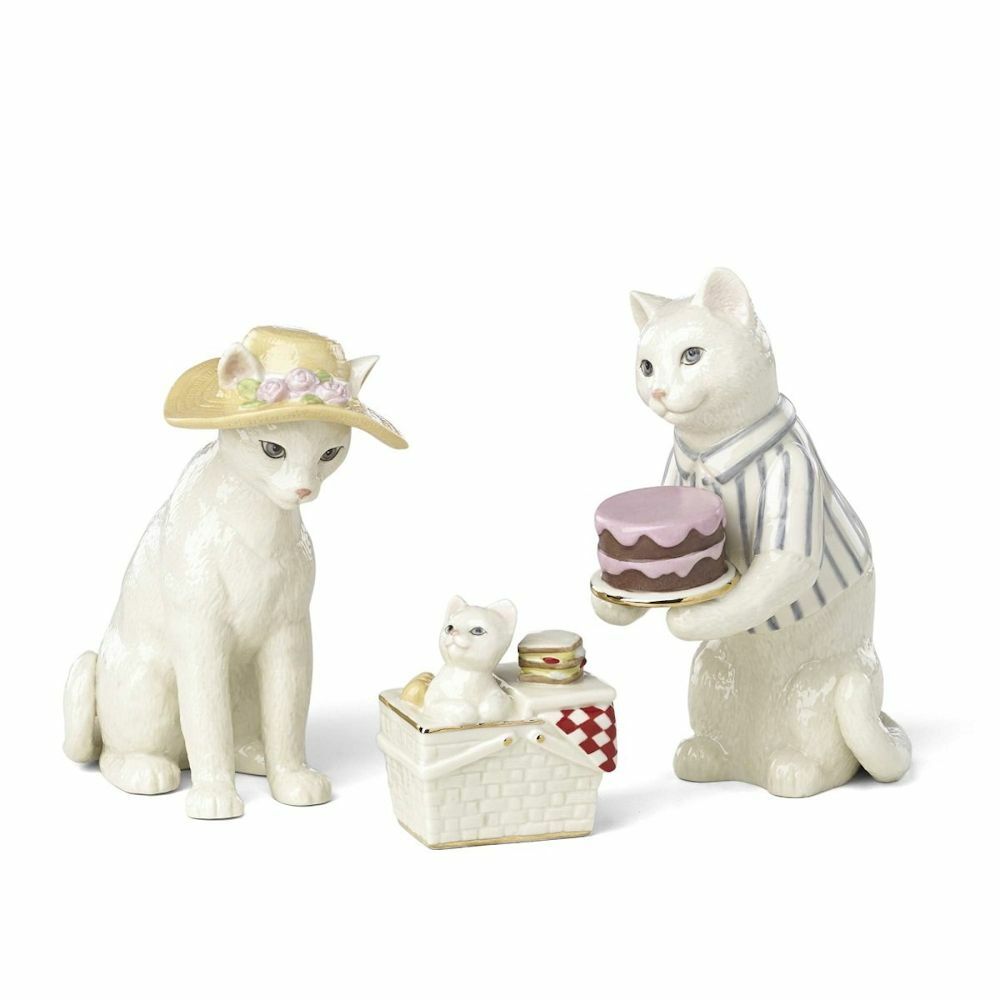 Lenox Cat Family Picnic Figurines 3 PC Victorian Kitten in Basket Hat Cake NEW4